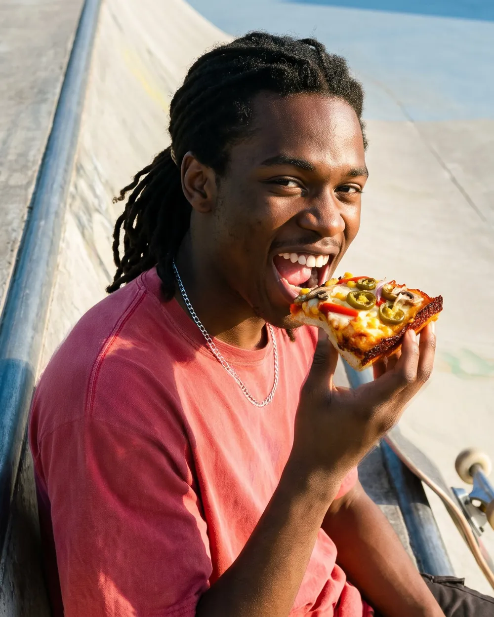 Young man holding a Dough Dohs pizza slice beside his skateboard at a skatepark