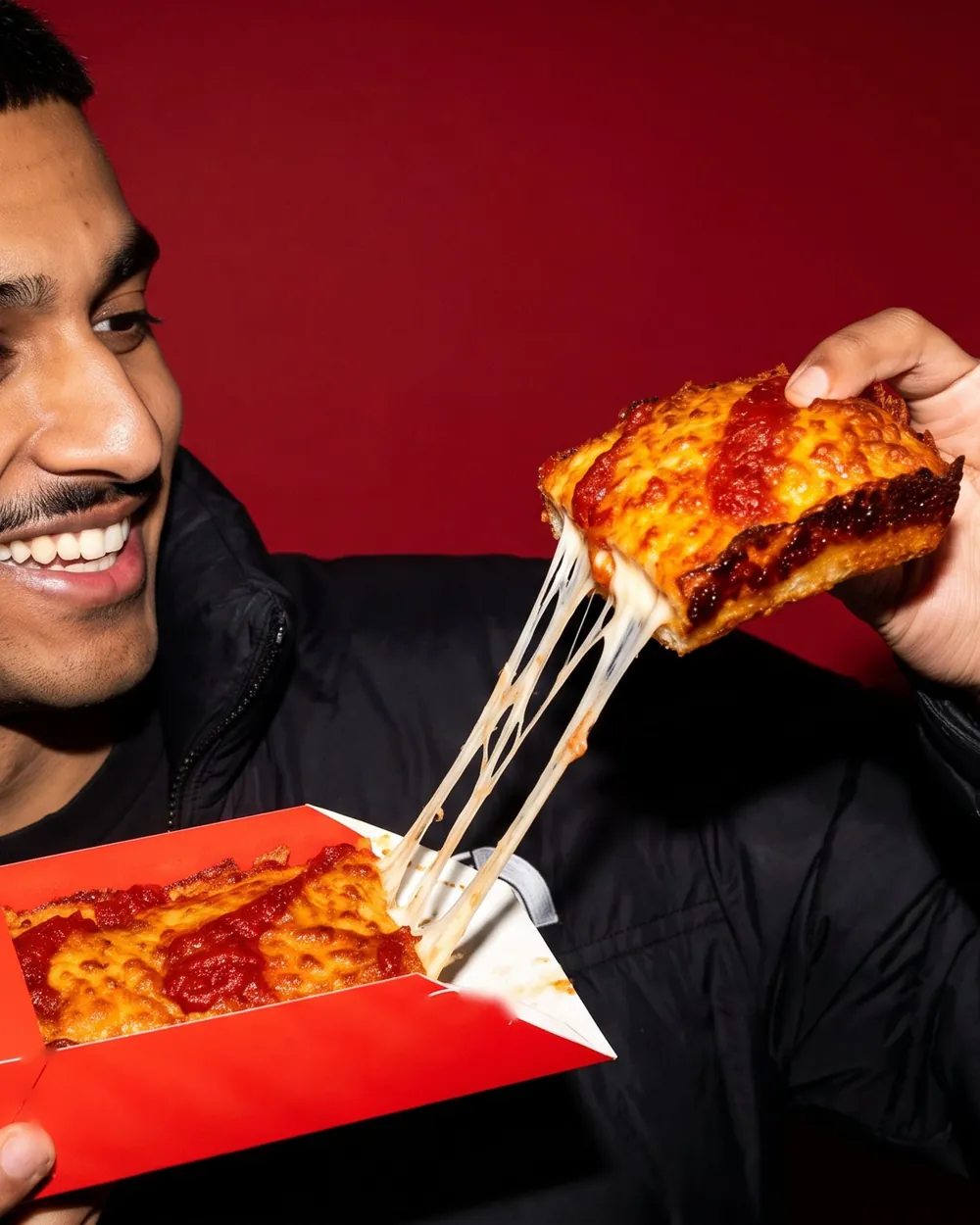 Young man pulling a cheesy slice of Dough Dohs pizza on a red set